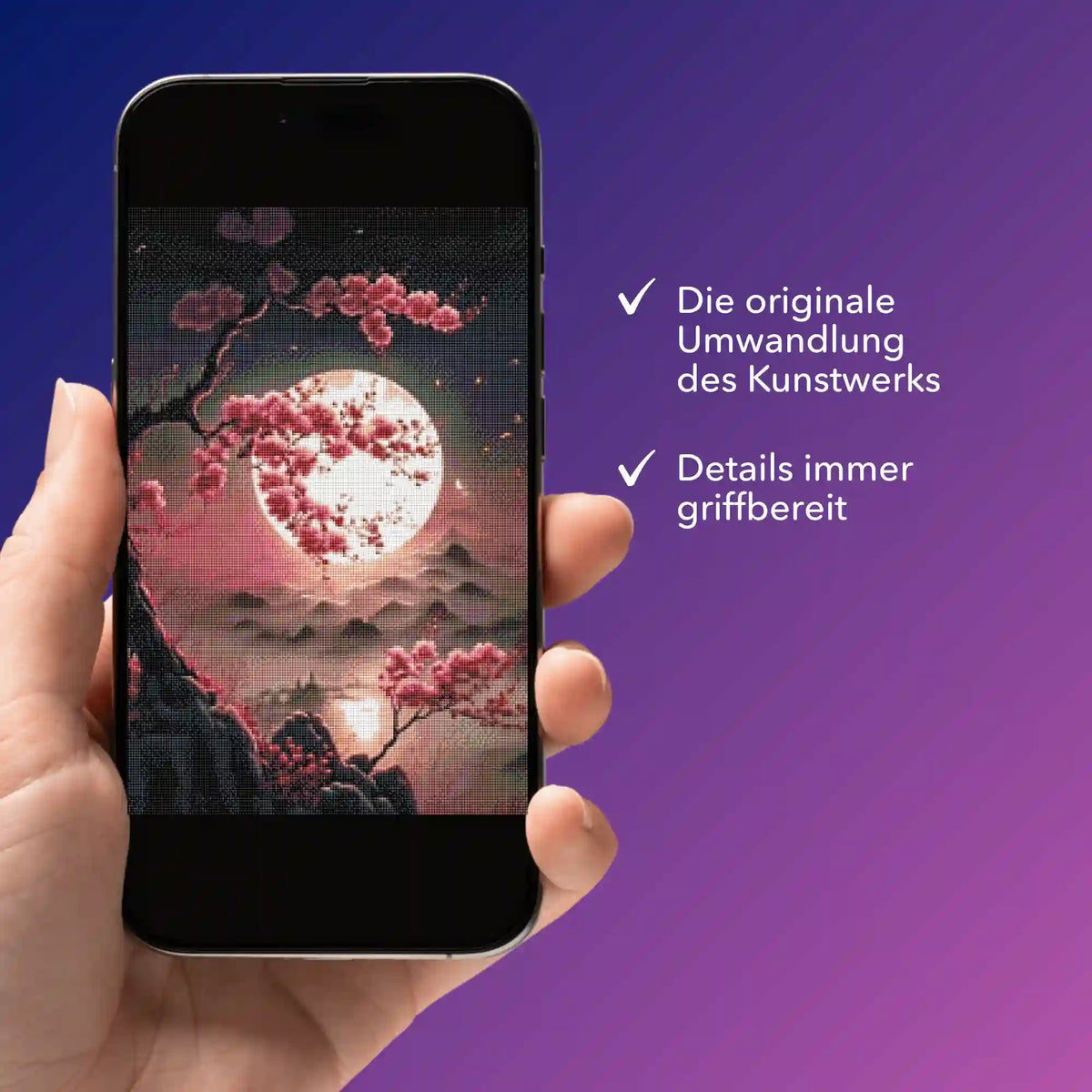 Diamond Painting Bildmappe auf Smartphone mit Kirschblüten im Mondschein Motiv für digitale Kunstdetails