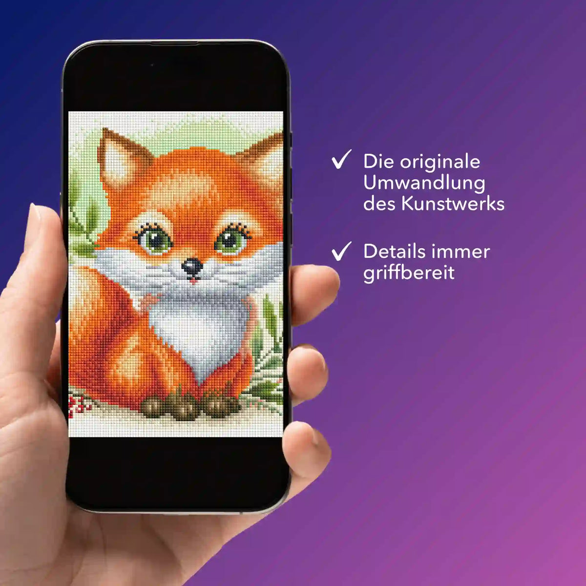 Digitale Diamond Painting Vorlage Freddy Füchschen auf Smartphone zur mobilen Übersicht für dein DIY Kunstwerk