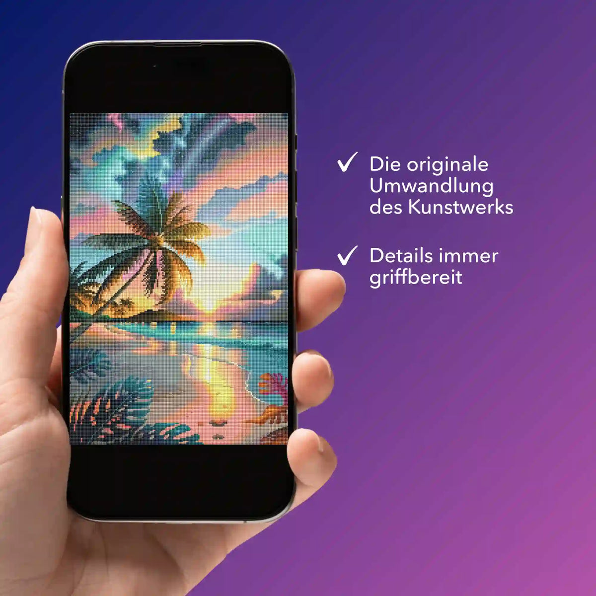 Digitale Diamond Painting Vorlage einer Palme im Abendhimmel auf einem Smartphone als PDF-Bildmappe von Picmondoo.