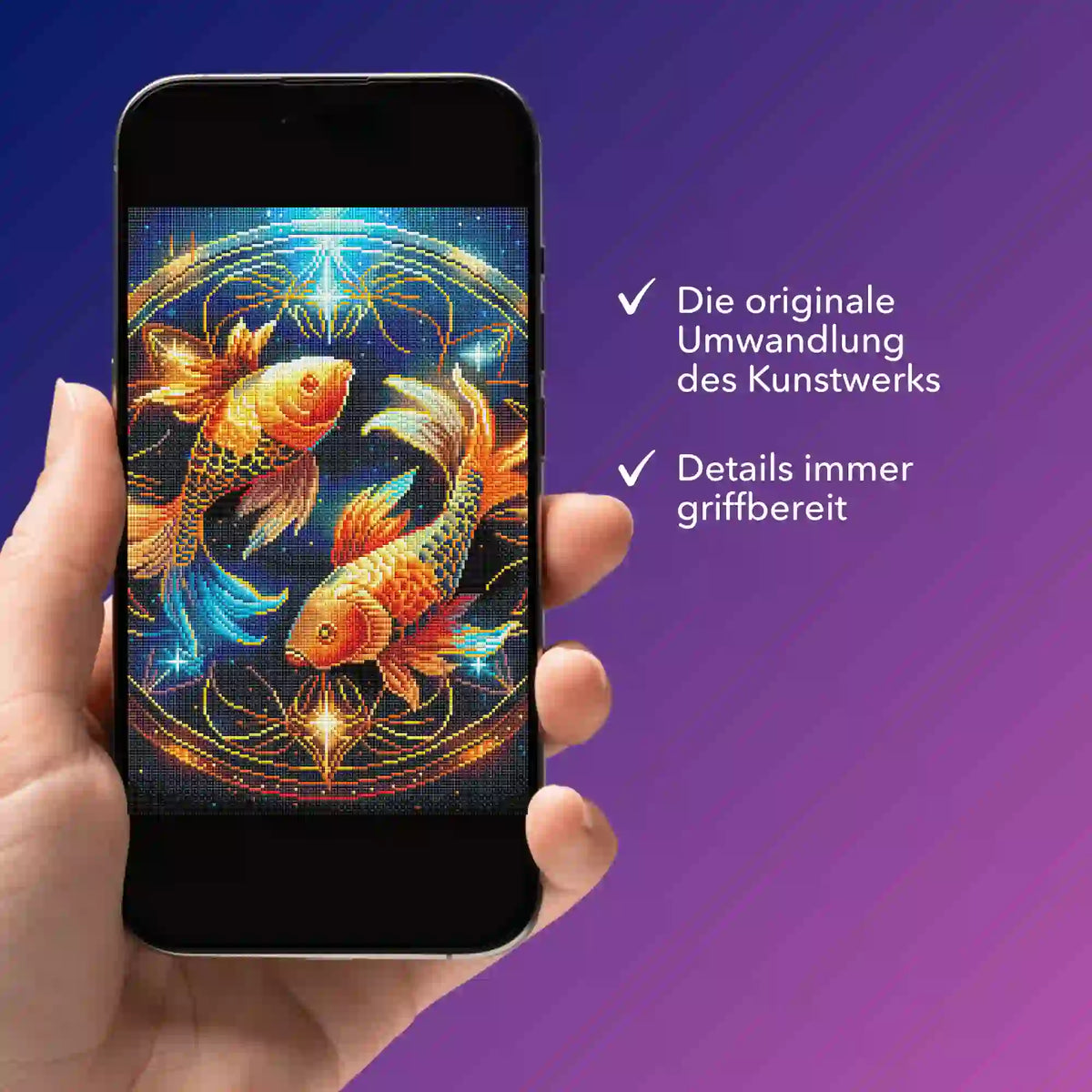 Digitale Bildmappe für Diamond Painting Sternzeichen Fische auf Smartphone, zeigt detailliertes Glitzersteinchen-Motiv.