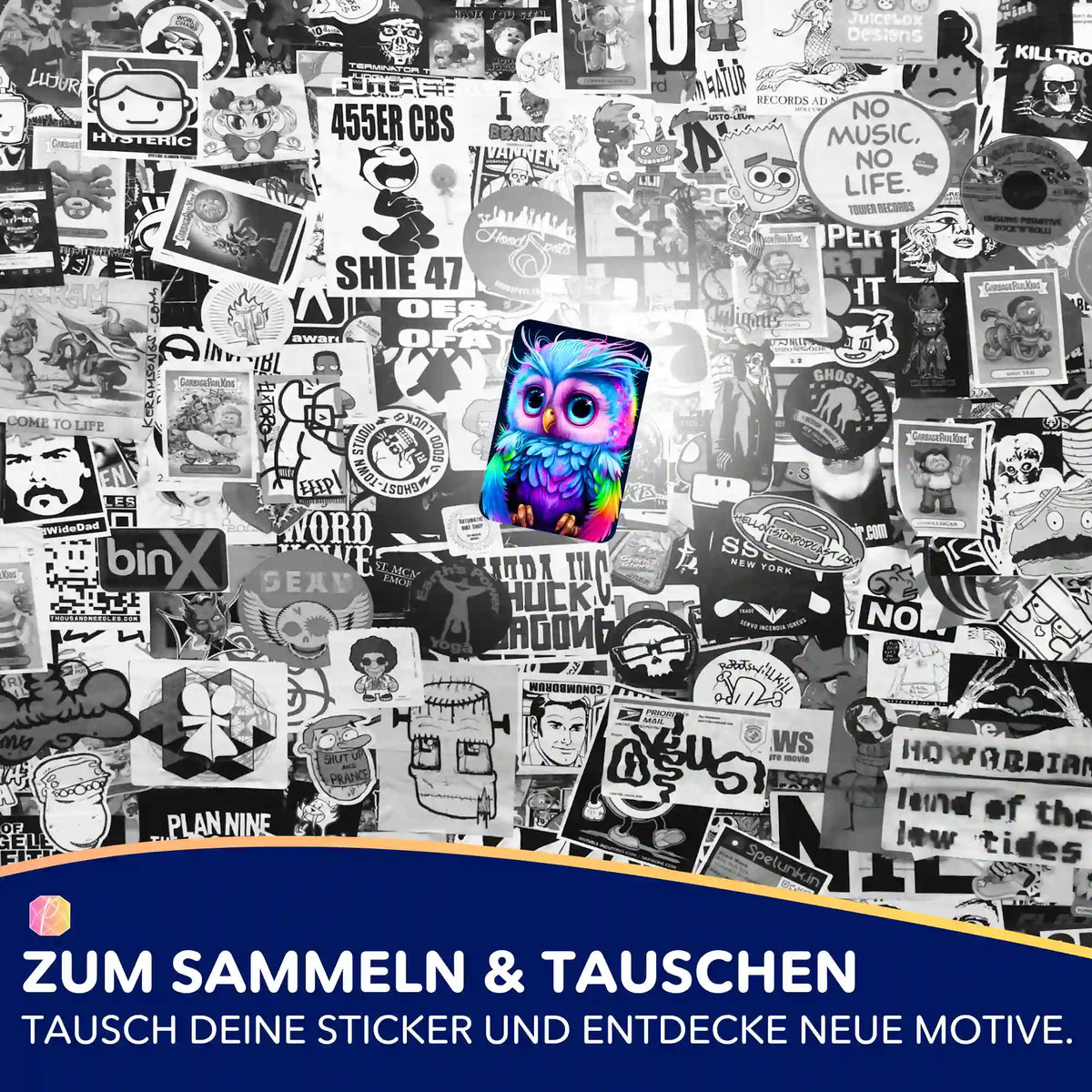 Bunter Eulen-Sticker aus dem Diamond Painting Zubehör-Set von Picmondoo vor einer schwarz-weißen Collage.