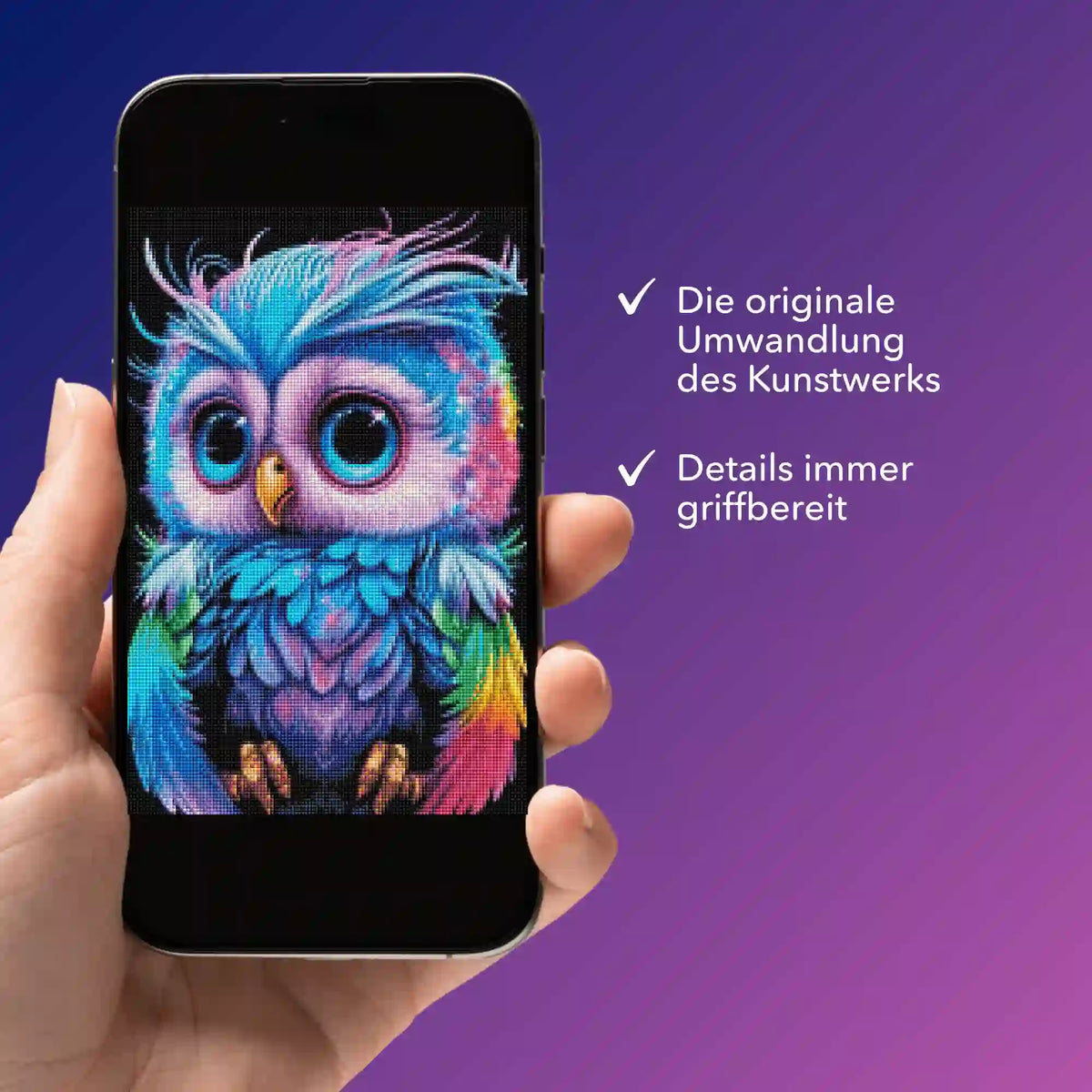 Digitale Picmondoo Bildmappe mit bunter Eule für Diamond Painting Designs auf dem Smartphone