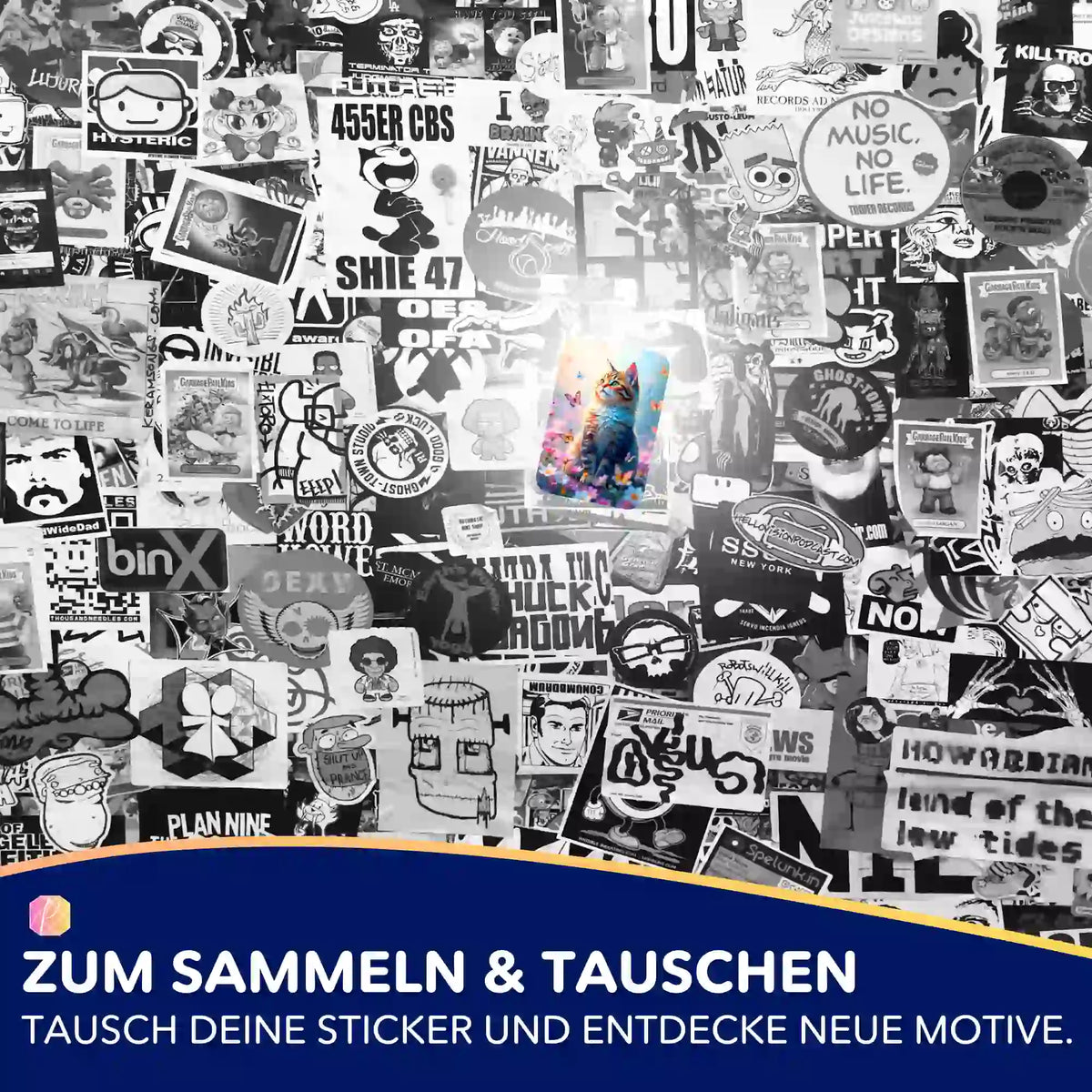 5er-Set Minke Sticker für Diamond Painting Fans: farbenfrohes Katzenmotiv auf einer Collage aus schwarz-weißen Aufklebern
