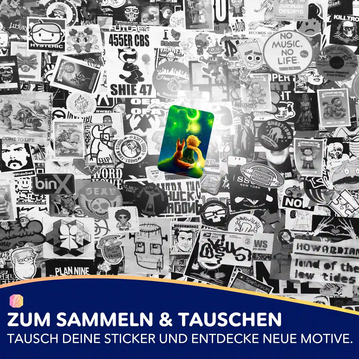 Farbiger Sticker aus dem Picmondoo Friends Set als Highlight auf einer Wand voller schwarz-weißer Diamond Painting Aufkleber