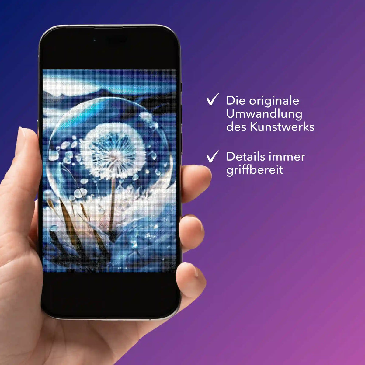 Digitale Diamond Painting Vorlage Pusteblume Eiskristall als PDF-Bildmappe auf einem Smartphone betrachtet.
