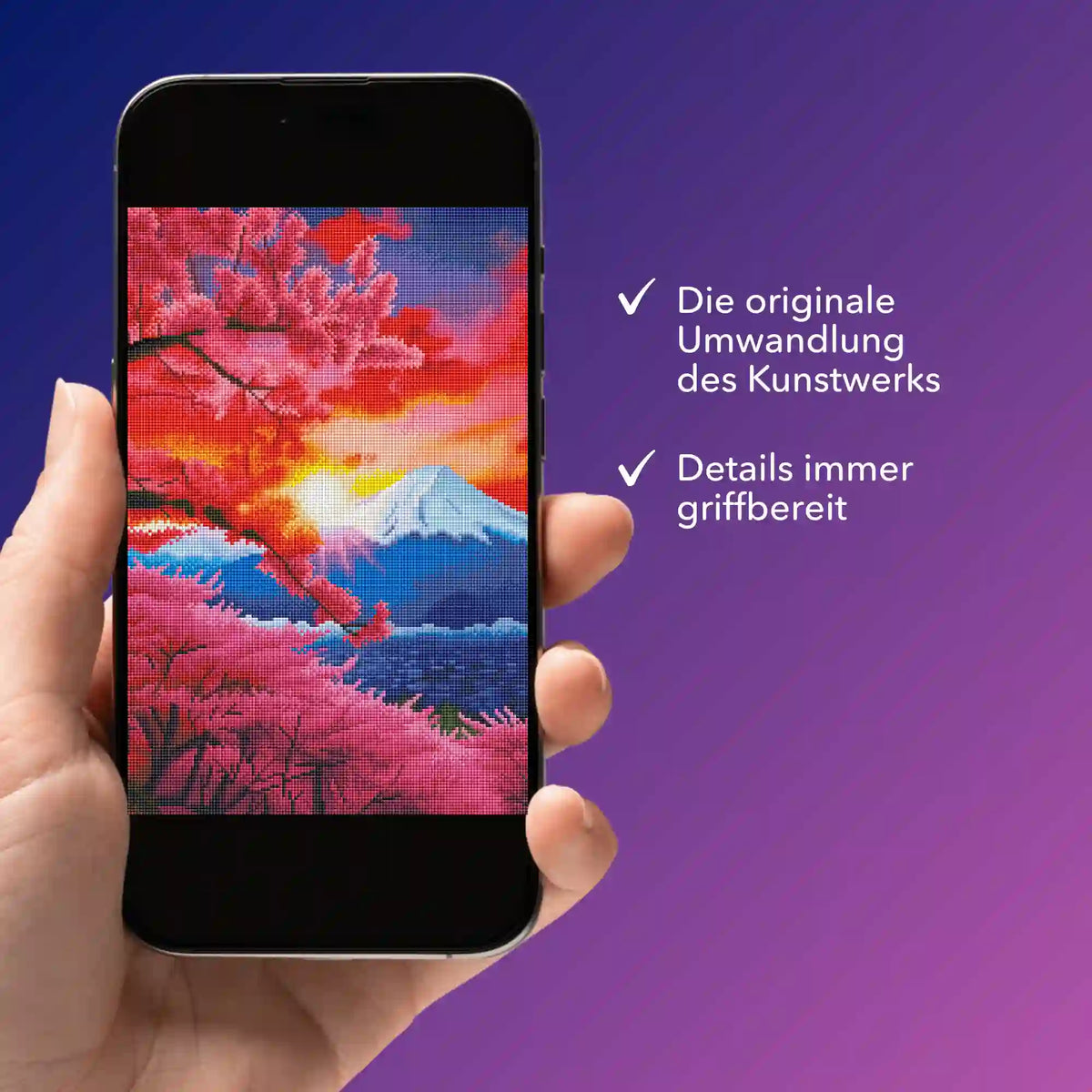 Digitale Bildmappe für Diamond Painting Design Berg der Kirschblüten auf Smartphone-Display