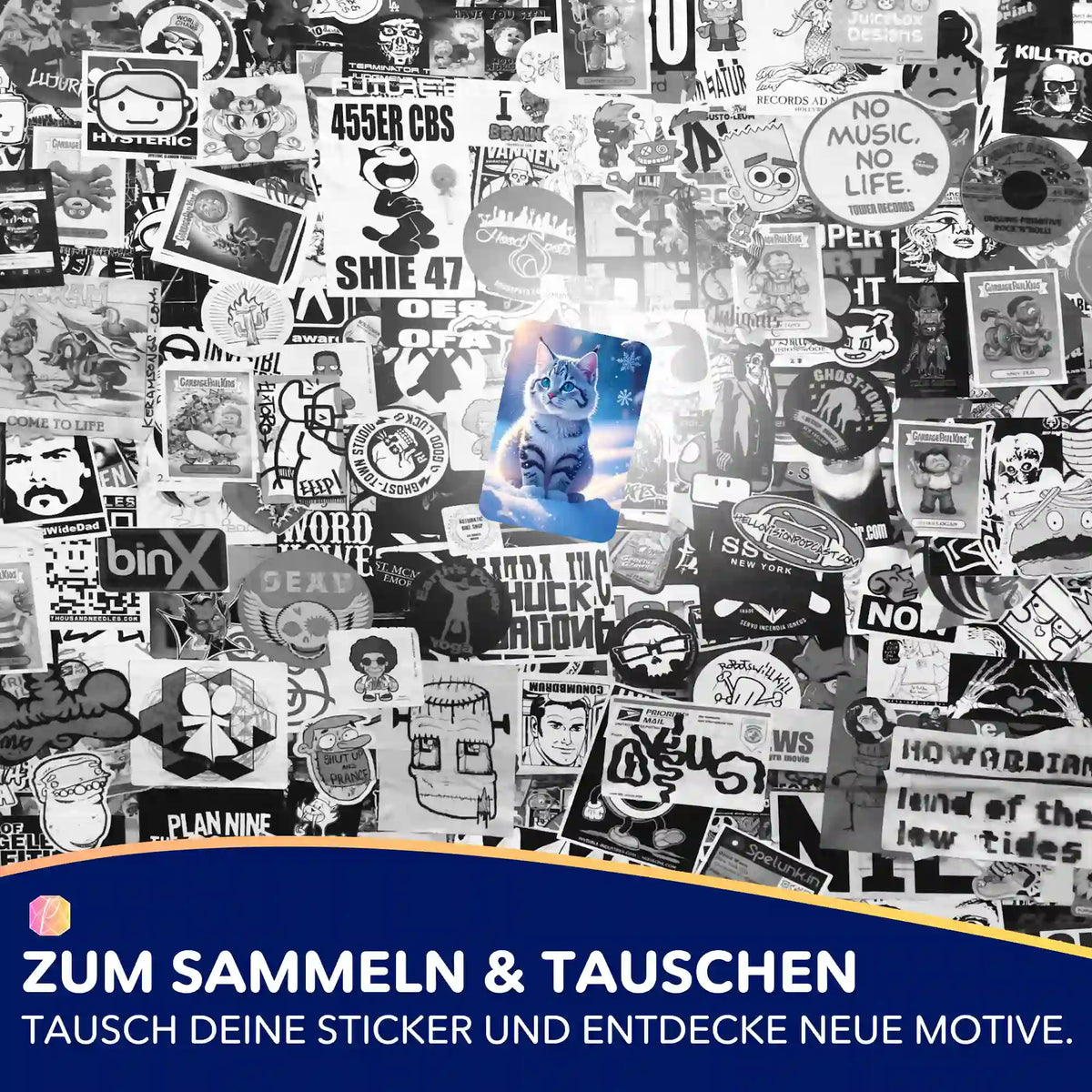 Picmondoo Sticker-Set mit buntem Schneegeist-Kätzchen auf kontrastreichem schwarz-weißen Aufkleber-Hintergrund