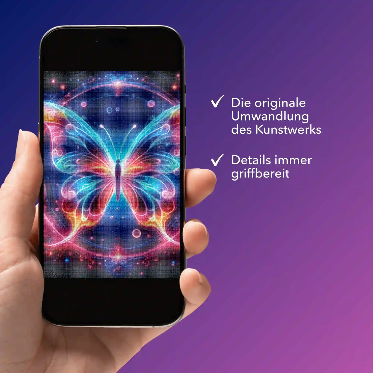 Digitale Diamond Painting Bildmappe mit Schmetterling-Motiv auf dem Smartphone für kreative Kunstwerke.