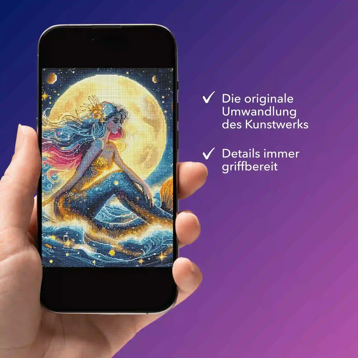 Digitale Diamond Painting Bildmappe als PDF auf Smartphone mit Motiv Meerjungfrau im Sternenhimmel und Vollmond.