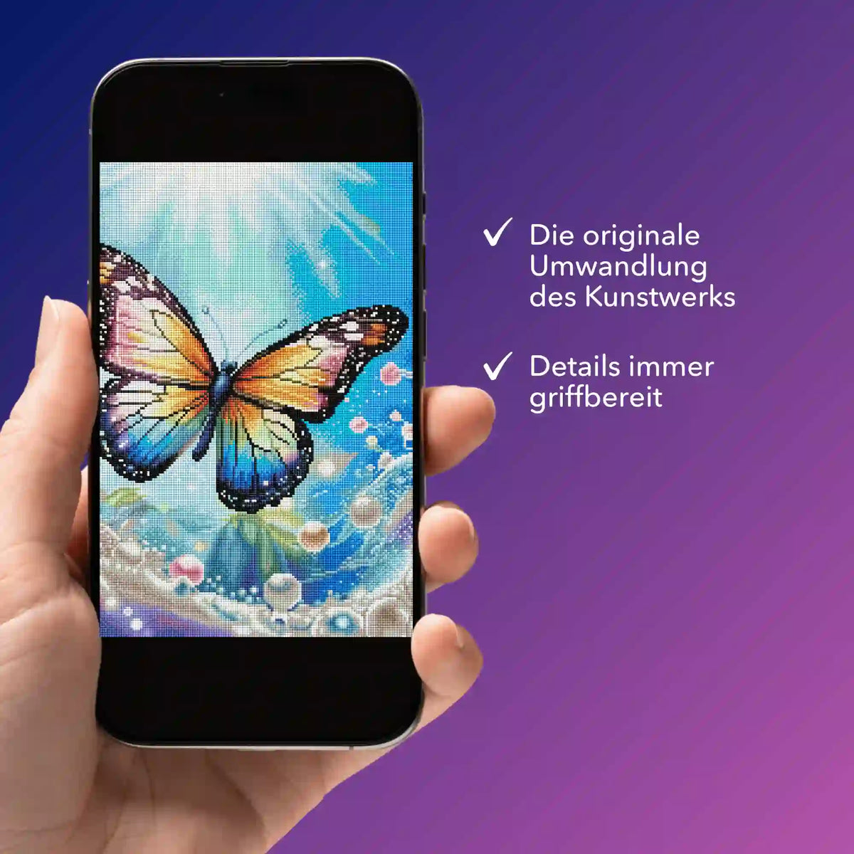 Digitale Diamond Painting Bildmappe als PDF auf Smartphone mit Schmetterlings-Motiv und glitzernden Details