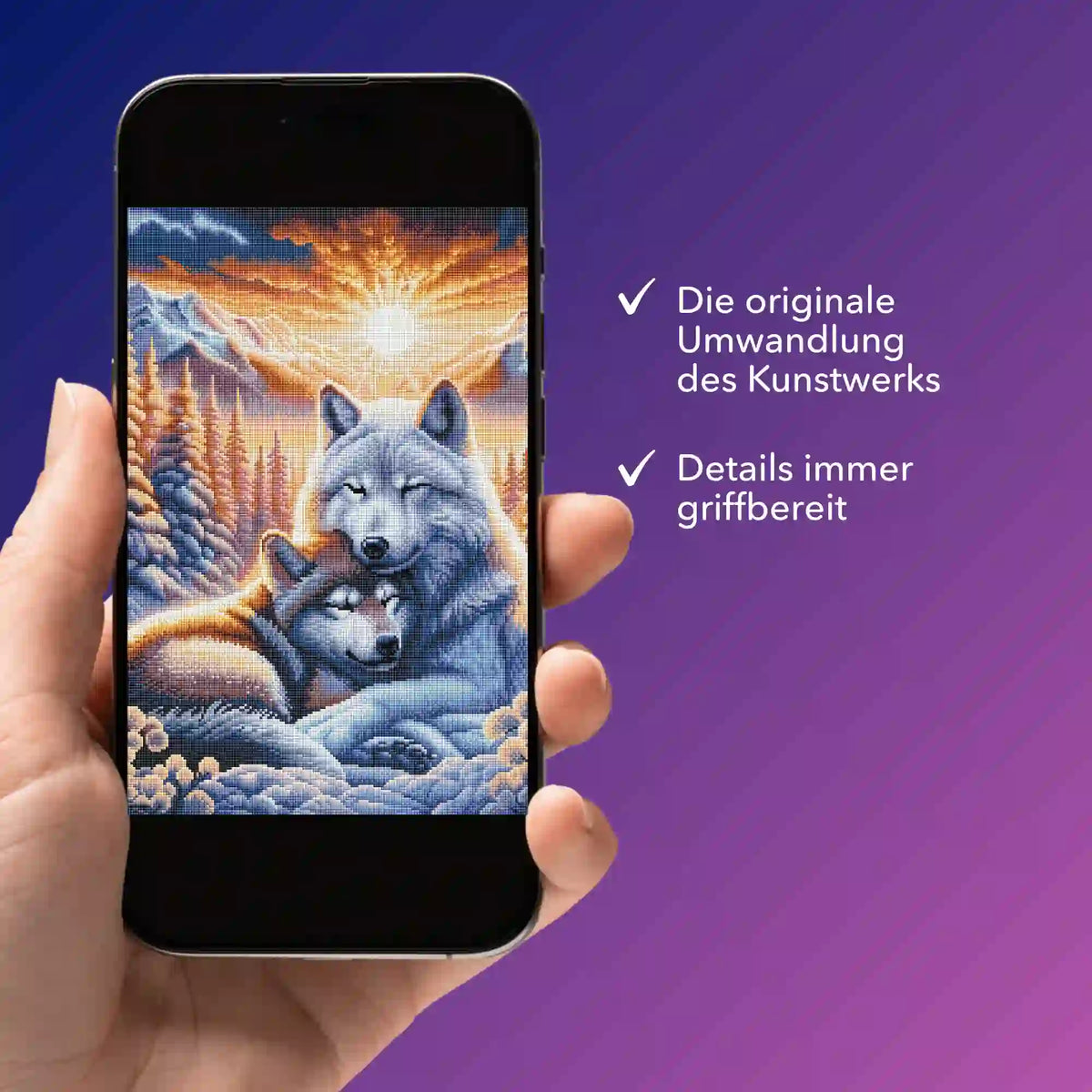 Digitale Bildmappe für Diamond Painting mit Wolf-Motiv im Sonnenaufgang auf Smartphone-Display