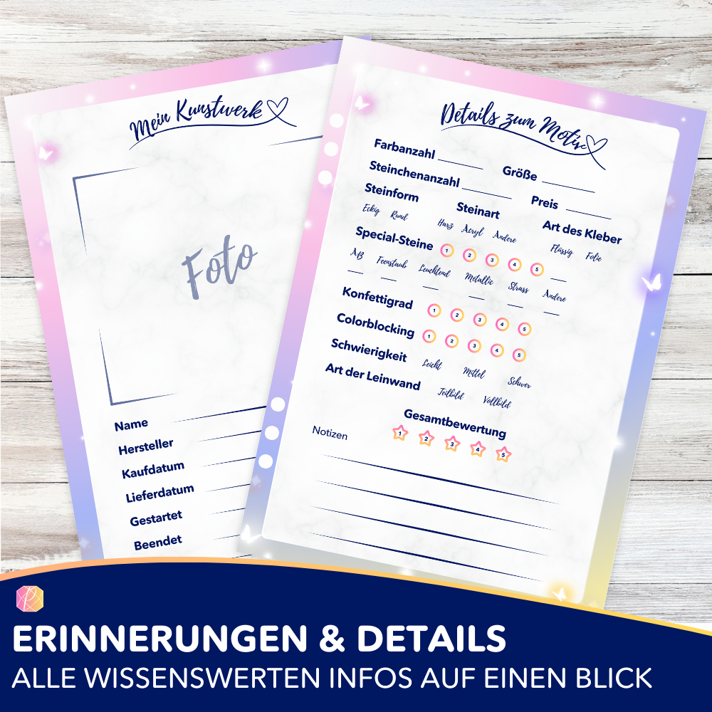 Diamond Painting Tagebuch zur Dokumentation von Fortschritten, Motivdetails, Steinarten und Bewertungen deiner Kunstwerke