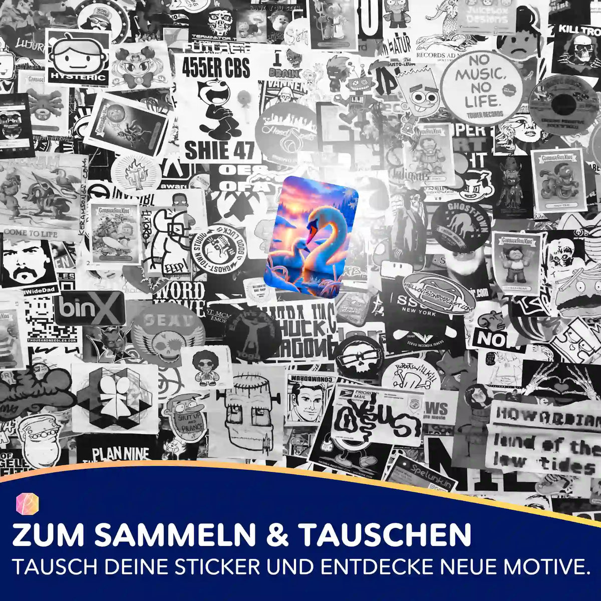 Farbenfroher Swan-Aufkleber aus einem Diamond Painting Set zur Organisation von Zubehör und Bastelprojekten.