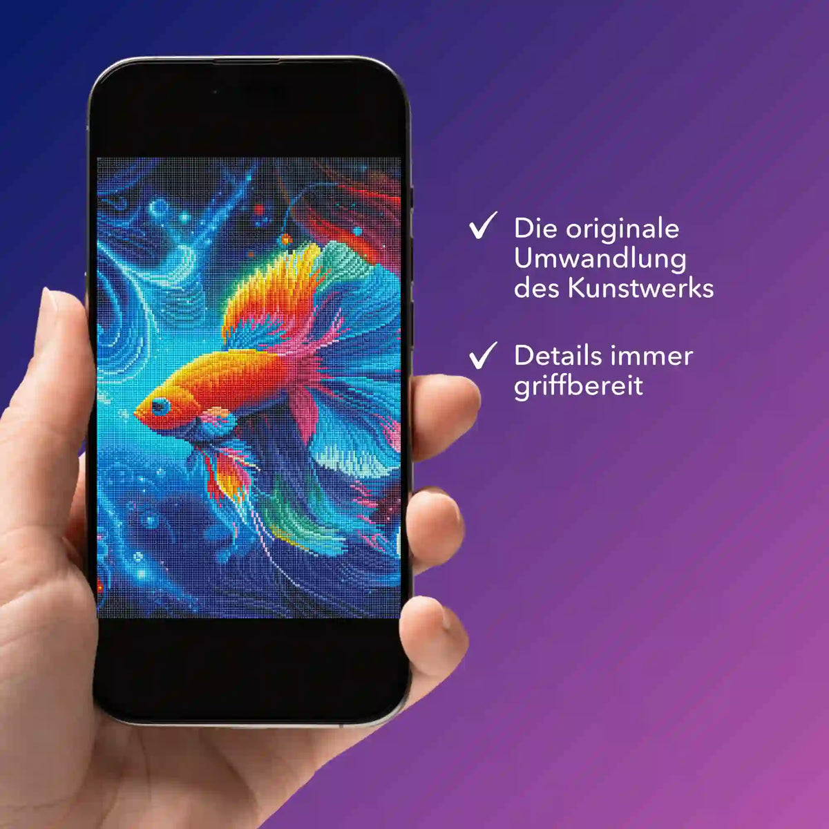 Digitale Diamond Painting Vorlage als Unterwasser-Motiv mit buntem Fisch auf dem Smartphone für kreatives DIY-Basteln