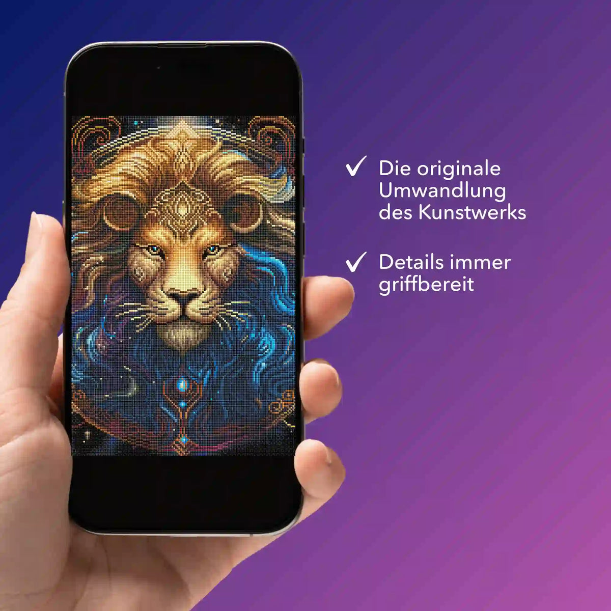 Smartphone mit Diamond Painting Motiv Sternzeichen Löwe als digitale Bildmappe für kreative DIY-Projekte