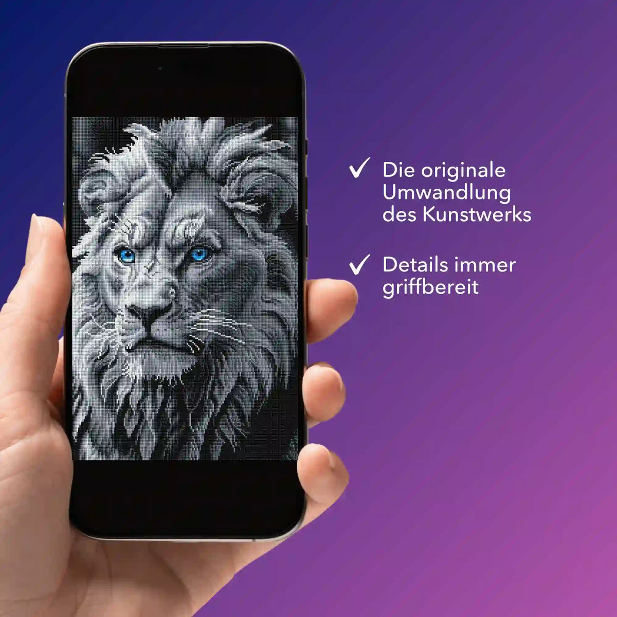 Digitale Bildmappe auf Smartphone mit Löwen-Motiv für Diamond Painting Set und Malen nach Zahlen Kunstwerke