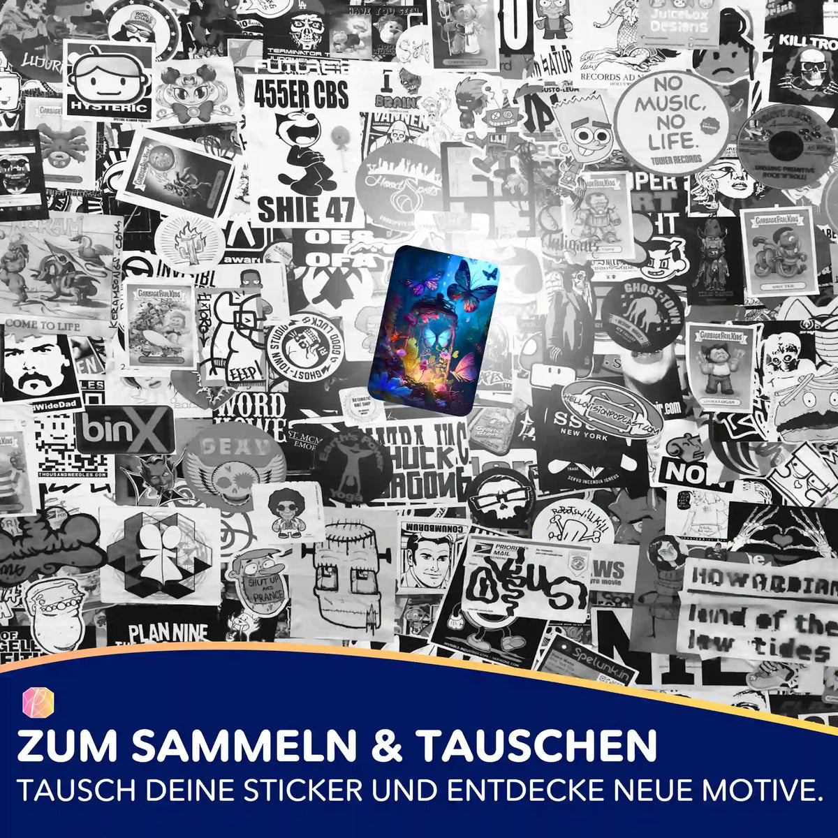 Farbiger Schmetterling Aufkleber auf schwarz-weißem Sticker-Hintergrund für Diamond Painting und Bastelbedarf