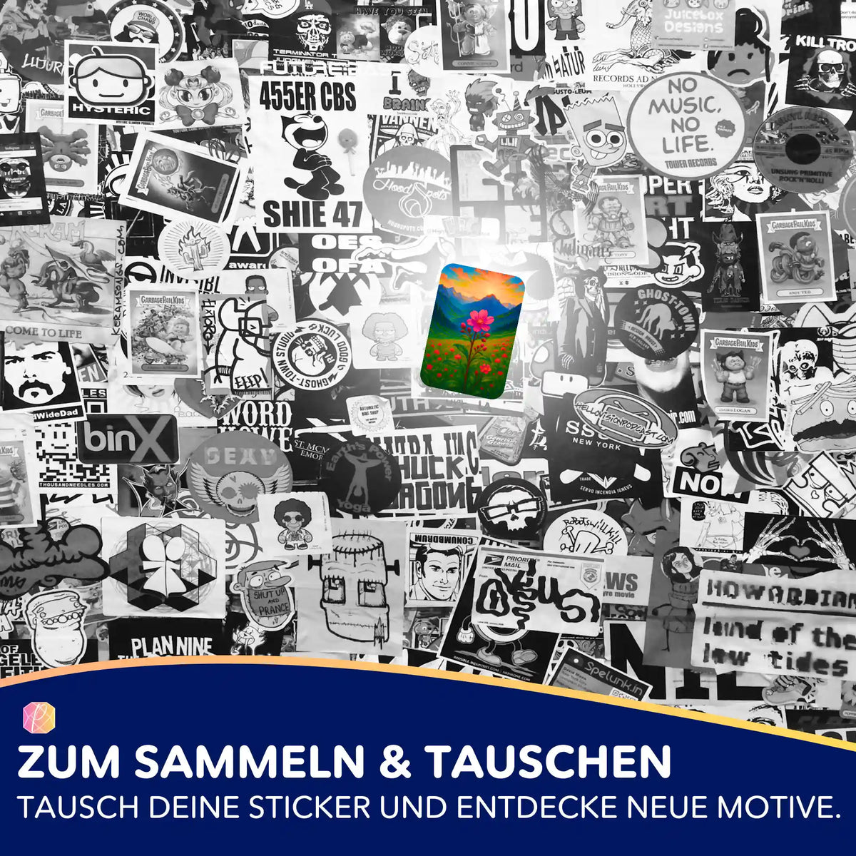 Farbiger Gebirgsblumen-Sticker für Diamond Painting Organisation auf einem Hintergrund aus schwarz-weißen Stickern