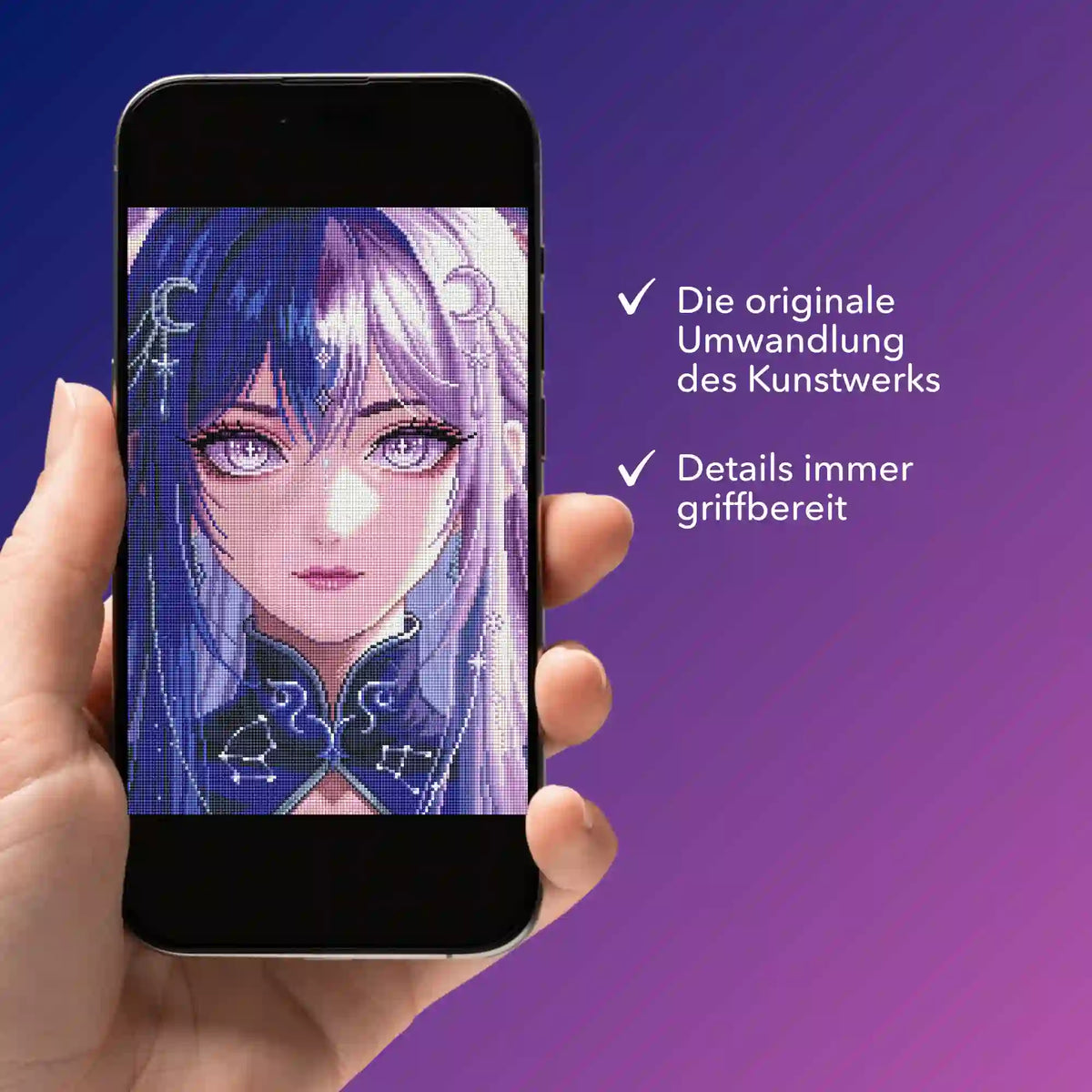 Digitale Diamond Painting Bildmappe als Purple Moon Star Motiv auf einem Smartphone zur Ansicht von Design-Details.