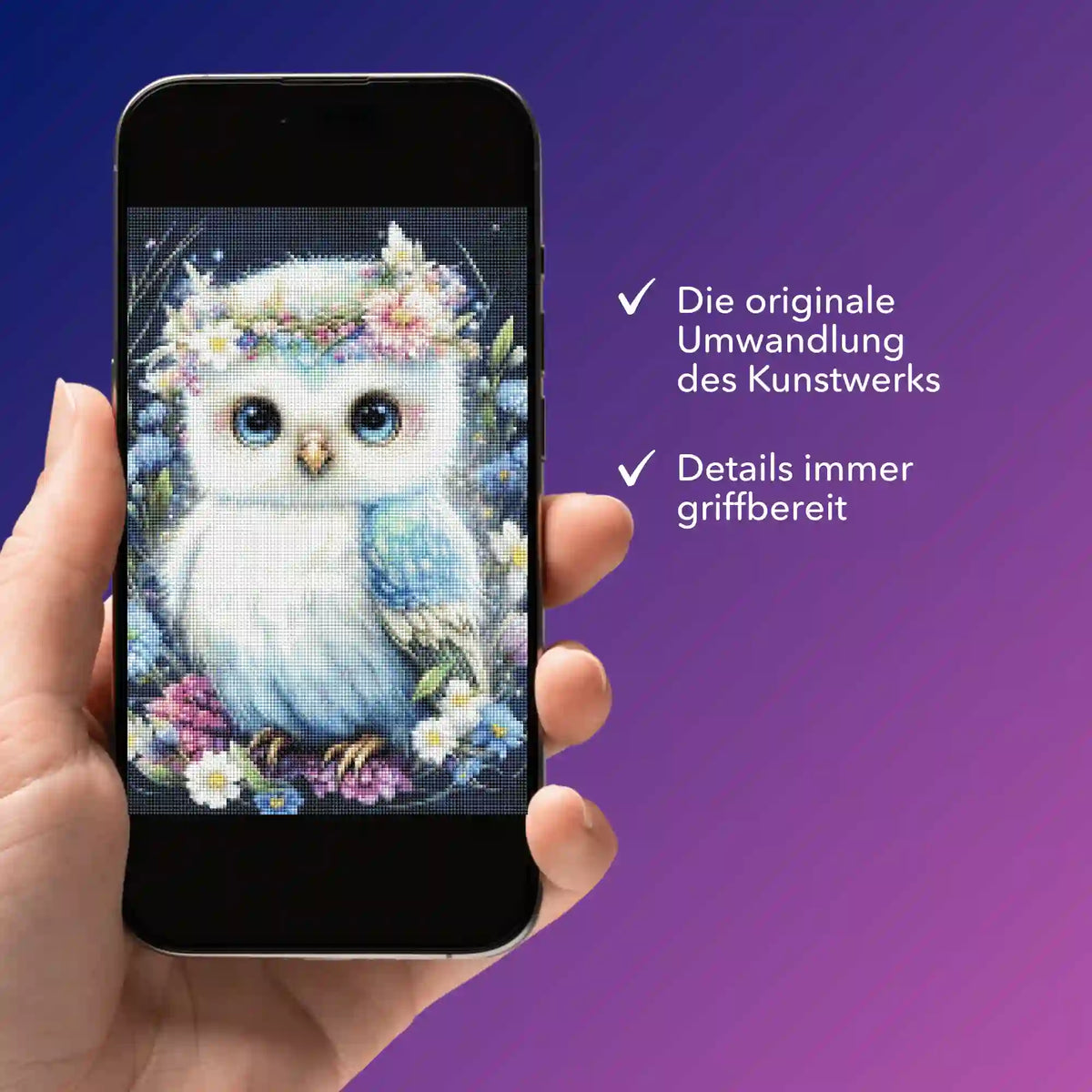 Digitale Diamond Painting Vorlage einer Eule im Blumenmeer auf einem Smartphone zur mobilen Übersicht der Basteldetails.