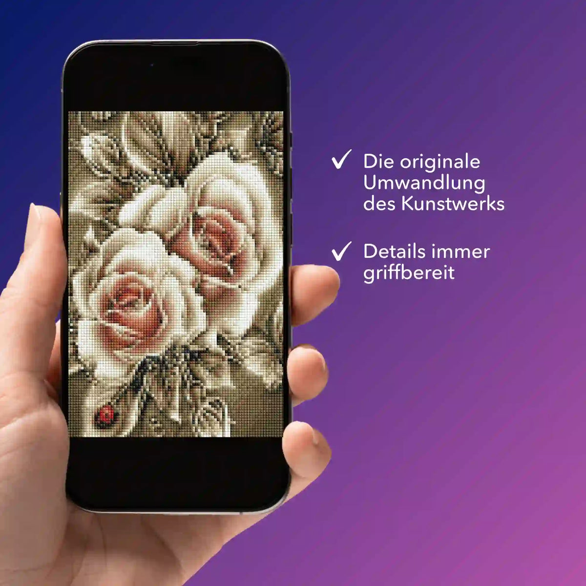Digitale Diamond Painting Vorlage mit Goldene Rosen Design auf dem Smartphone als praktische PDF-Bildmappe