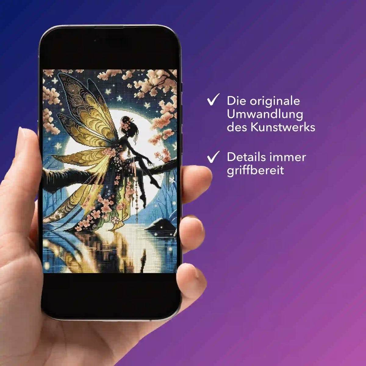 Digitale Diamond Painting Vorlage Mondscheinfee als PDF auf dem Smartphone für kreative Bastelprojekte