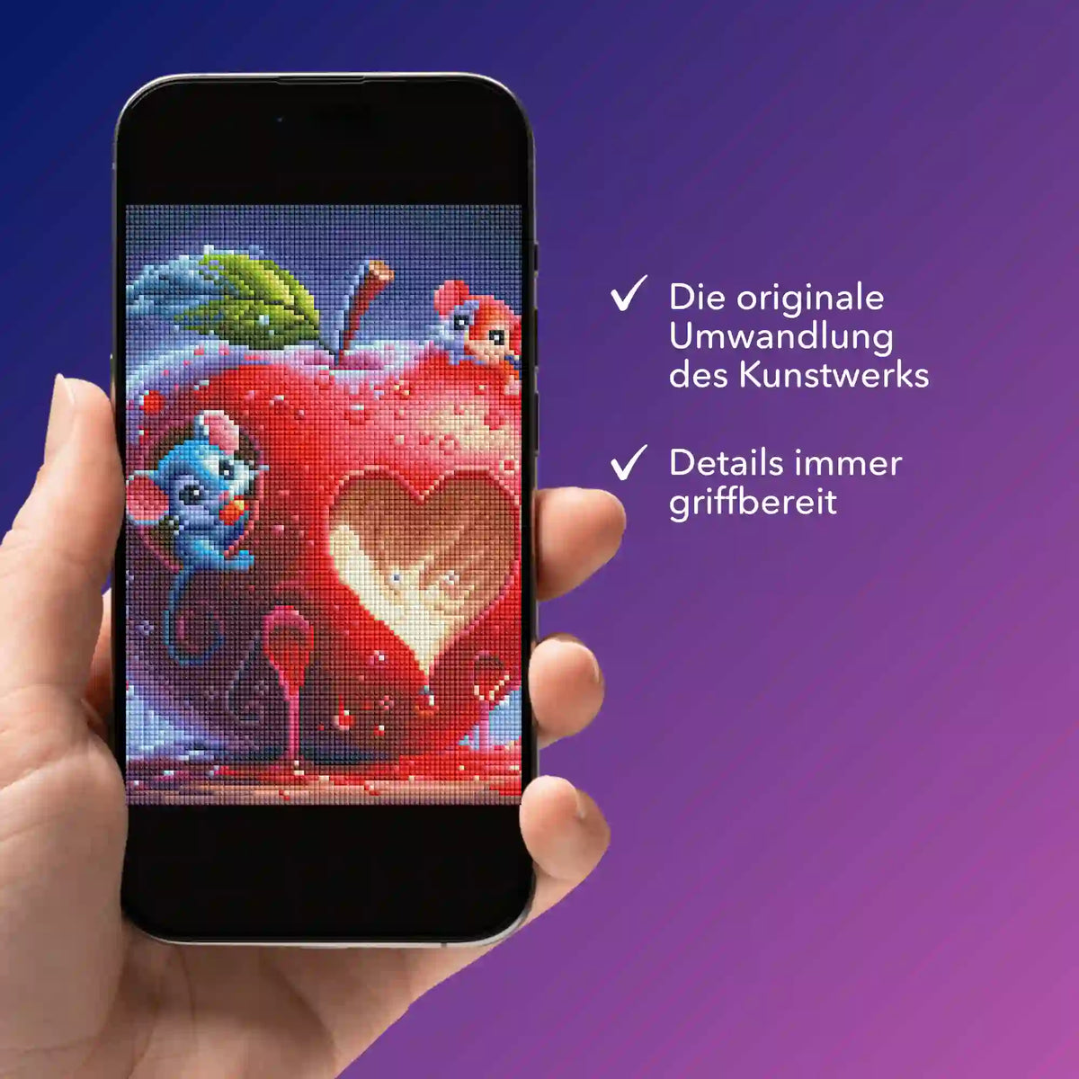 Digitale Diamond Painting Vorlage Liebe im Mäusehaus als PDF-Bildmappe auf Smartphone zur mobilen Übersicht der Details