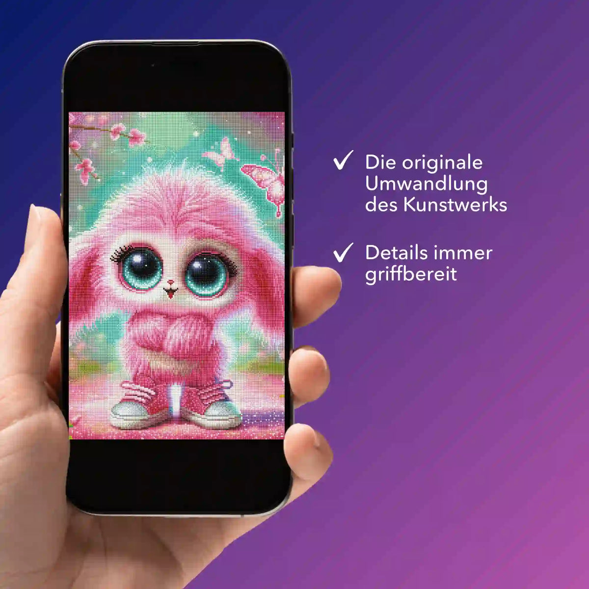 Digitale Diamond Painting Vorlage Pink Fluffel Knuffel als PDF auf einem Smartphone für kreative Bastelprojekte.