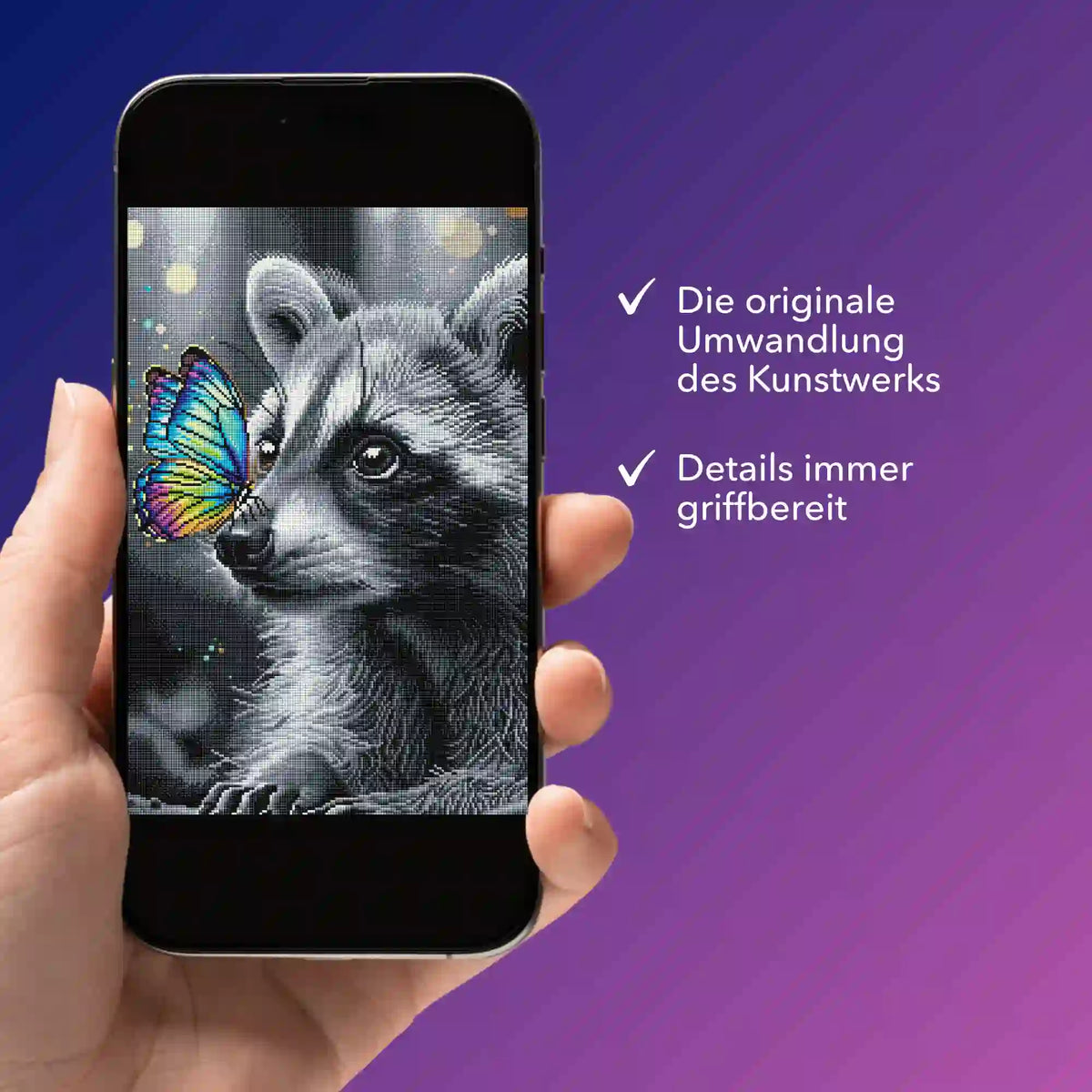 Digitale Bildmappe für Diamond Painting Design 'Waschbär mit Schmetterling' auf dem Smartphone als PDF-Ansicht