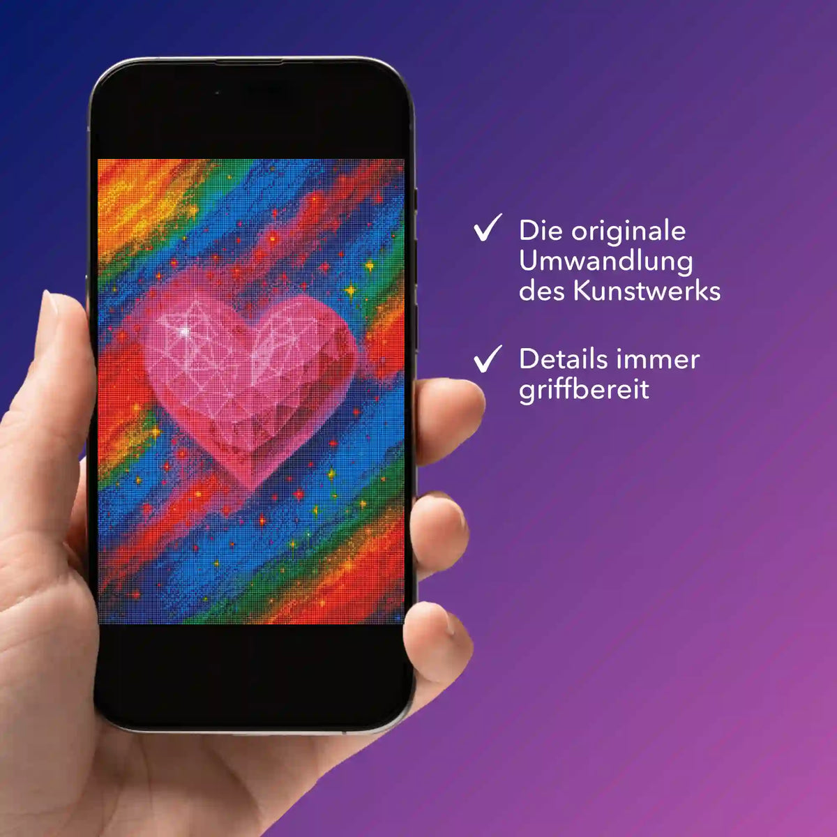 Digitale Diamond Painting Bildmappe mit buntem Herzkristall Motiv auf Smartphone-Display für kreative DIY-Projekte