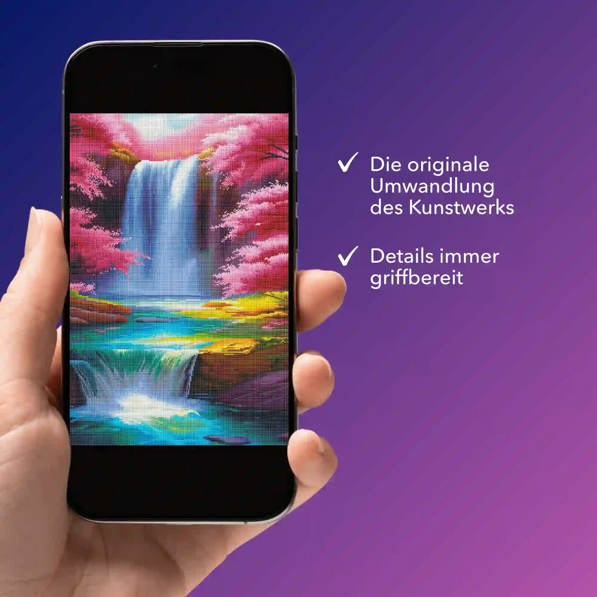 Digitale Diamond Painting Vorlage mit Kirschblüten und Wasserfall Motiv auf einem Smartphone zur mobilen Ansicht
