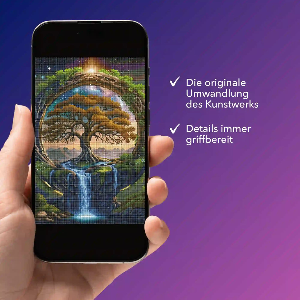 Digitale Diamond Painting Bildmappe als PDF mit dem Motiv Tor zur Anderswelt auf einem Smartphone angezeigt.