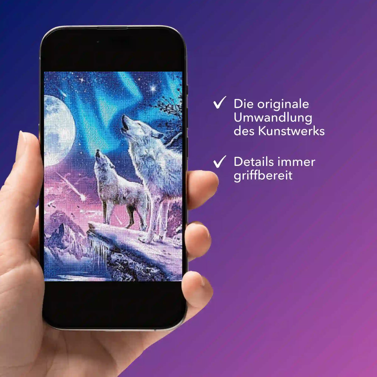 Digitale Diamond Painting Bildmappe als PDF auf Smartphone mit Motiv Weiße Wölfe im Winterland und Polarlichtern.