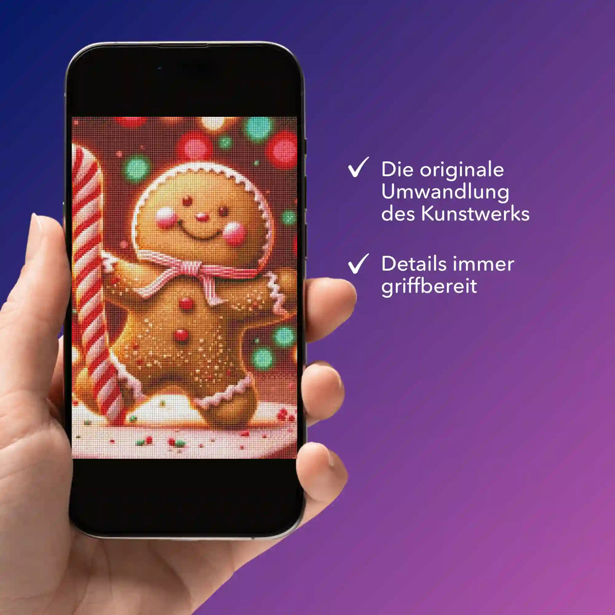 Digitale Diamond Painting Bildmappe als PDF auf Smartphone mit glitzerndem Lebkuchenmännchen-Motiv