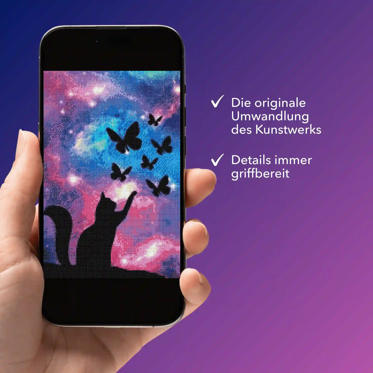Digitale Diamond Painting Bildmappe mit Katzen- und Schmetterlingsmotiv auf dem Smartphone und PDF-Vorschau.