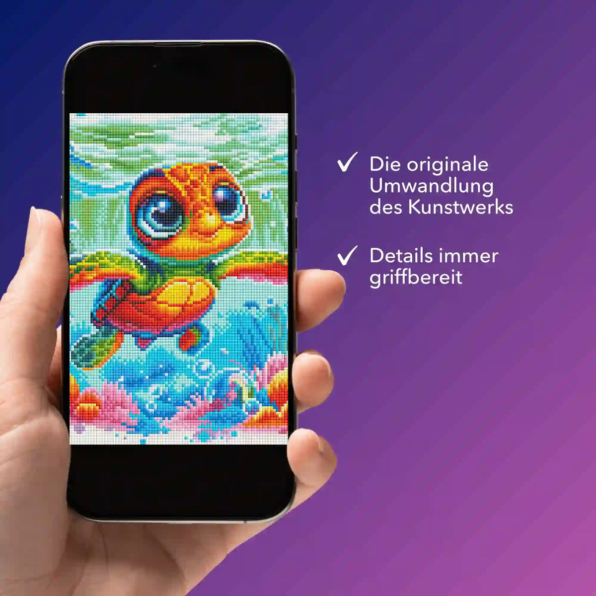 Digitale Diamond Painting Vorlage Lotta die kleine Meeresschildkröte auf einem Smartphone zur praktischen Anleitung