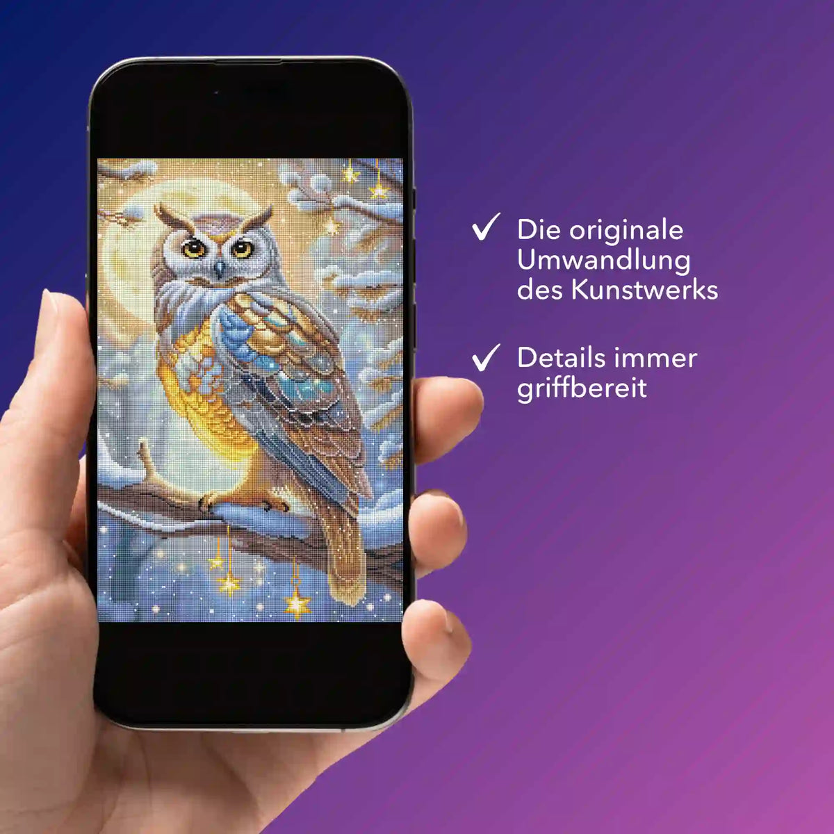 Digitale Bildmappe auf Smartphone mit goldenem Schneeeulen Diamond Painting Motiv für kreative DIY-Projekte