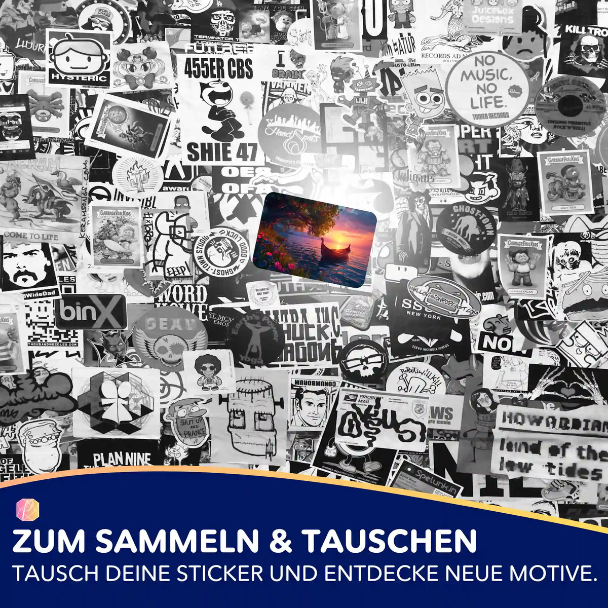 Picmondoo 5er Sticker-Set für Diamond Painting und Malen nach Zahlen Fans mit buntem Bootsmotiv auf Schwarz-Weiß-Collage