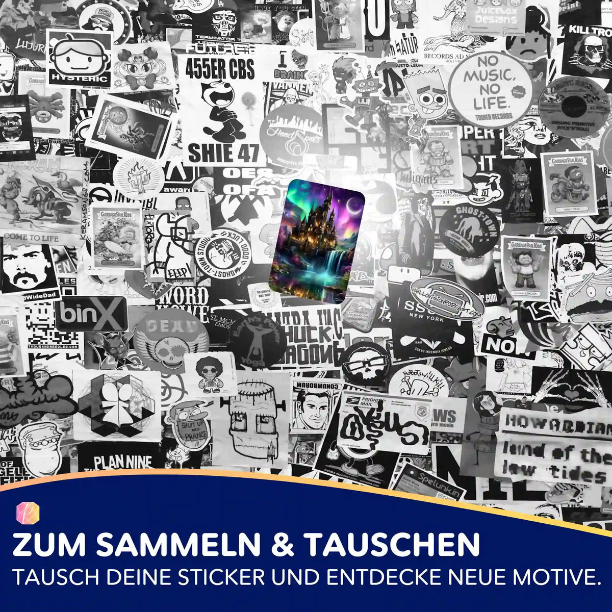 Farbiger Echos des Himmels Sticker aus dem Picmondoo Diamond Painting Set vor einer Collage aus schwarz-weißen Stickern