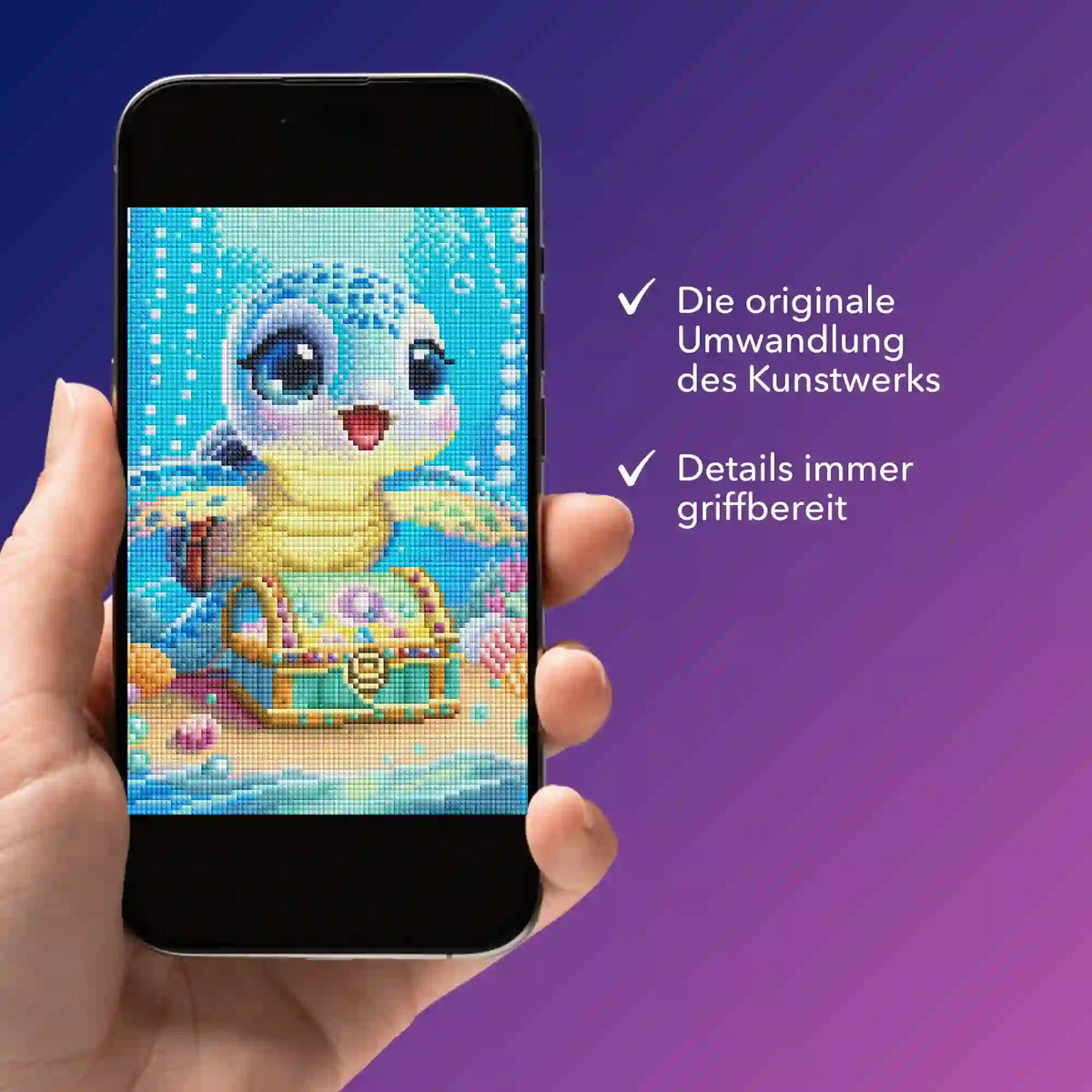 Digitale Diamond Painting Bildmappe als PDF auf Smartphone mit Motiv Kleiner Schatzwächter für DIY-Enthusiasten