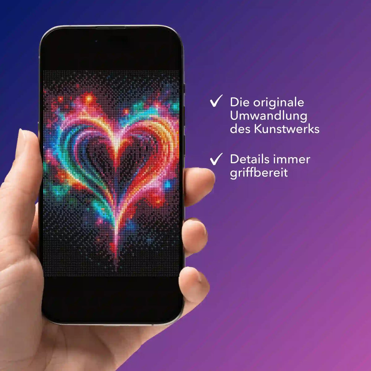 Digitale Diamond Painting Bildmappe mit bunt leuchtendem Herz-Motiv auf einem Smartphone für unterwegs