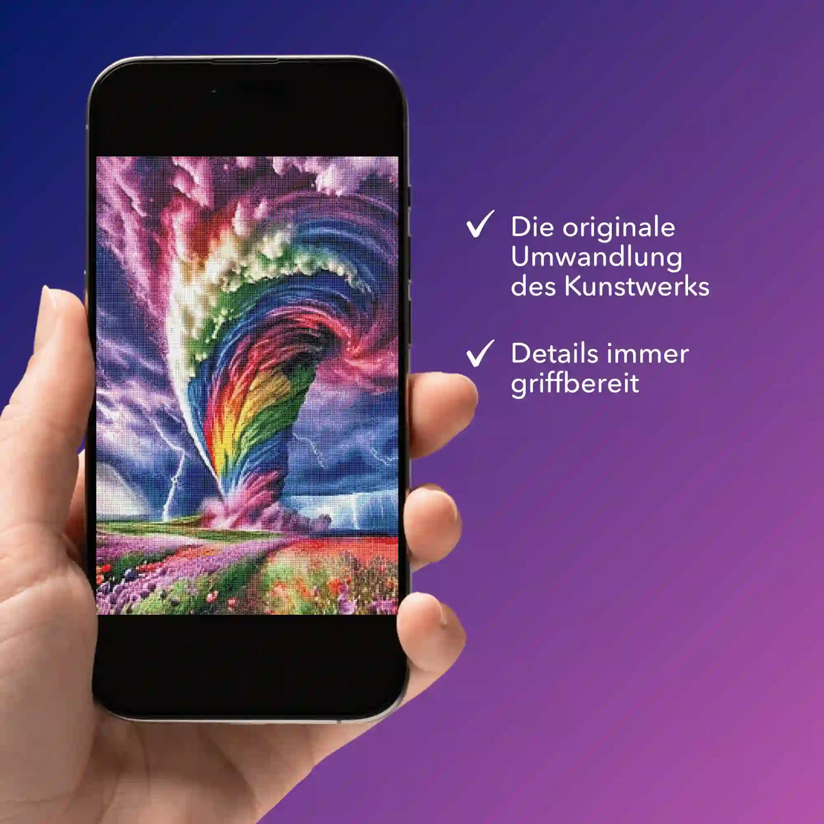 Digitale Bildmappe für Diamond Painting mit dem Motiv Wirbelsturm der Farben auf einem Smartphone