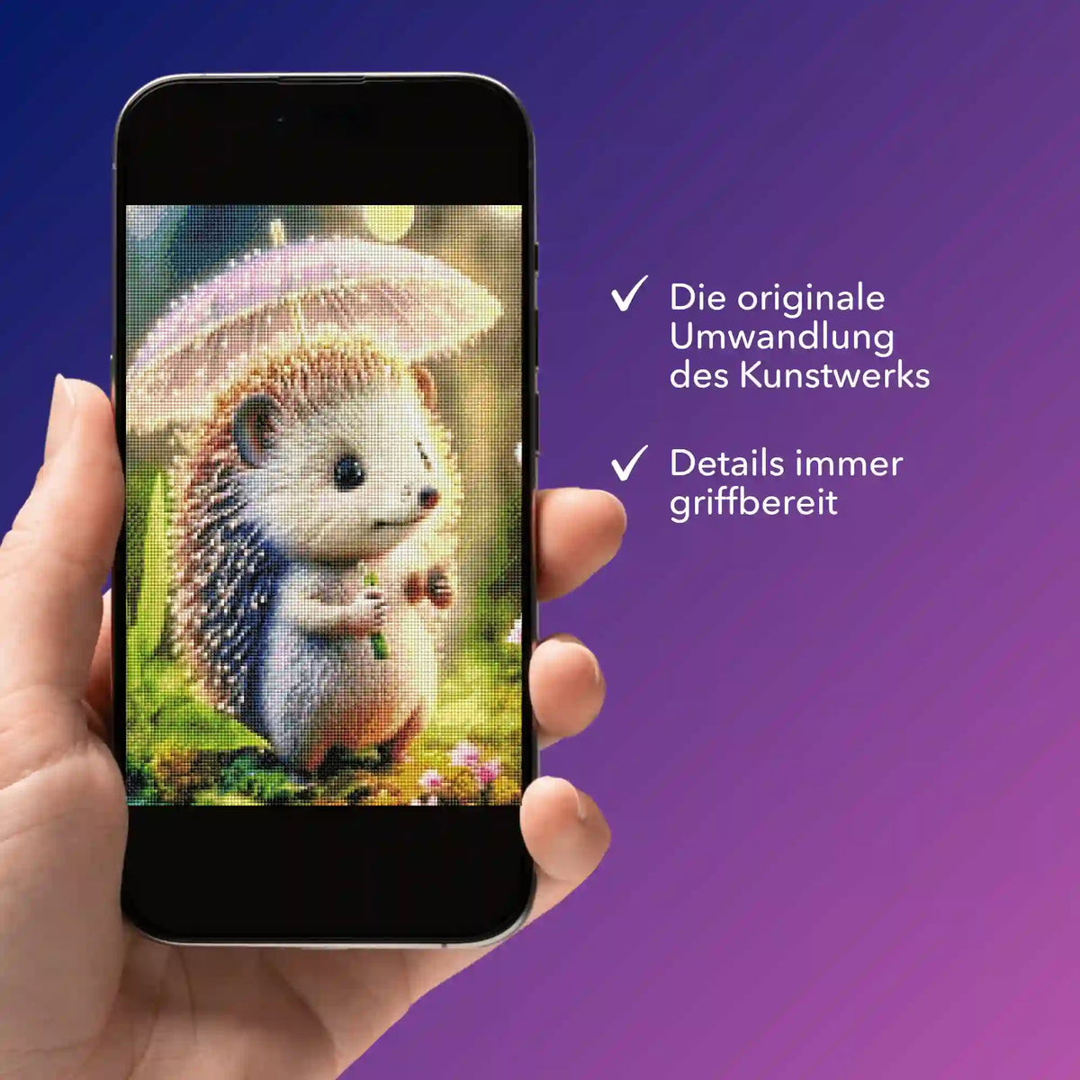 Smartphone mit Diamond Painting Motiv Igelchen im Sonnenlicht als digitale Bildmappe zur Vorlage für Diamanten Painting