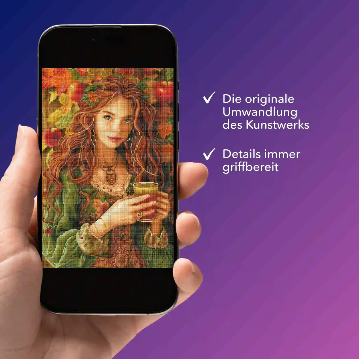 Digitale Diamond Painting Bildmappe als PDF für Susen Pfifferlings Apfelmädchen Ruby auf einem Smartphone