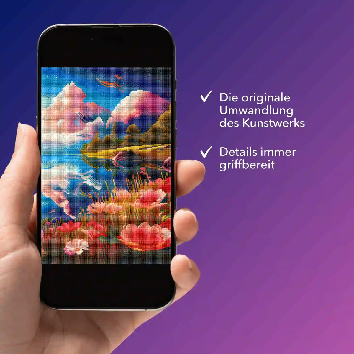 Digitale Diamond Painting Vorlage mit Motiv 'Blick auf den See' auf einem Smartphone für kreative Bastelprojekte.