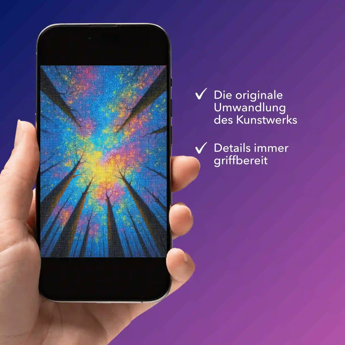 Digitale Diamond Painting Bildmappe als PDF mit Regenbogenwald Motiv auf einem Smartphone zur mobilen Projektansicht.