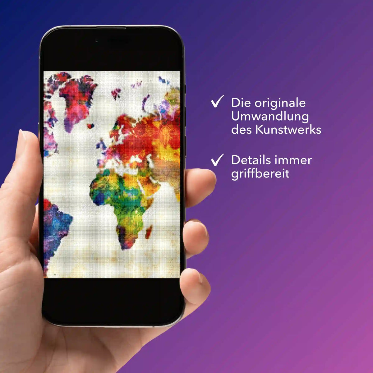 Smartphone mit digitaler Bildmappe für Diamond Painting Weltkarte Motiv für kreative DIY-Projekte