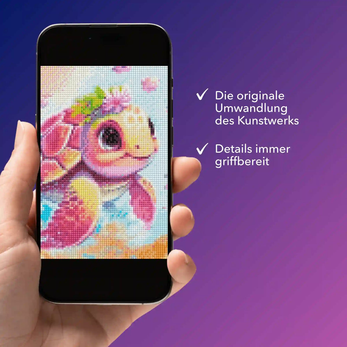 Digitale Bildmappe zum Diamond Painting Set Schildkrötenmädchen als PDF auf Smartphone zur einfachen Vorlagen-Ansicht.