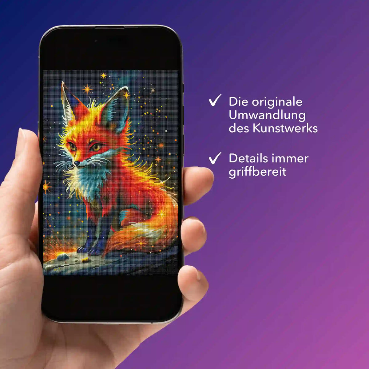 Smartphone mit digitaler Diamond Painting Vorlage eines Fuchses als PDF Bildmappe von Picmondoo