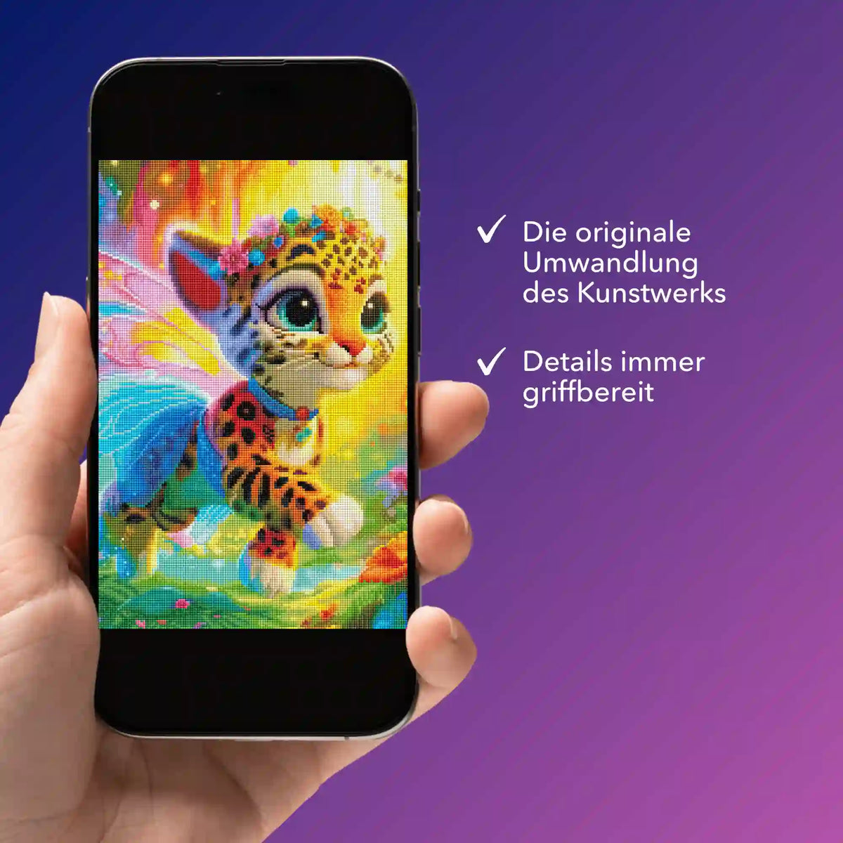 Diamond Painting Bildmappe auf Smartphone mit Motiv Finja die kleine Tigerfee als digitales PDF von Picmondoo